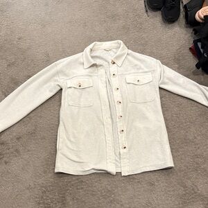 Hem & Thread Off-White Knit Collar shacket with soft corduroy collar and cuffs.